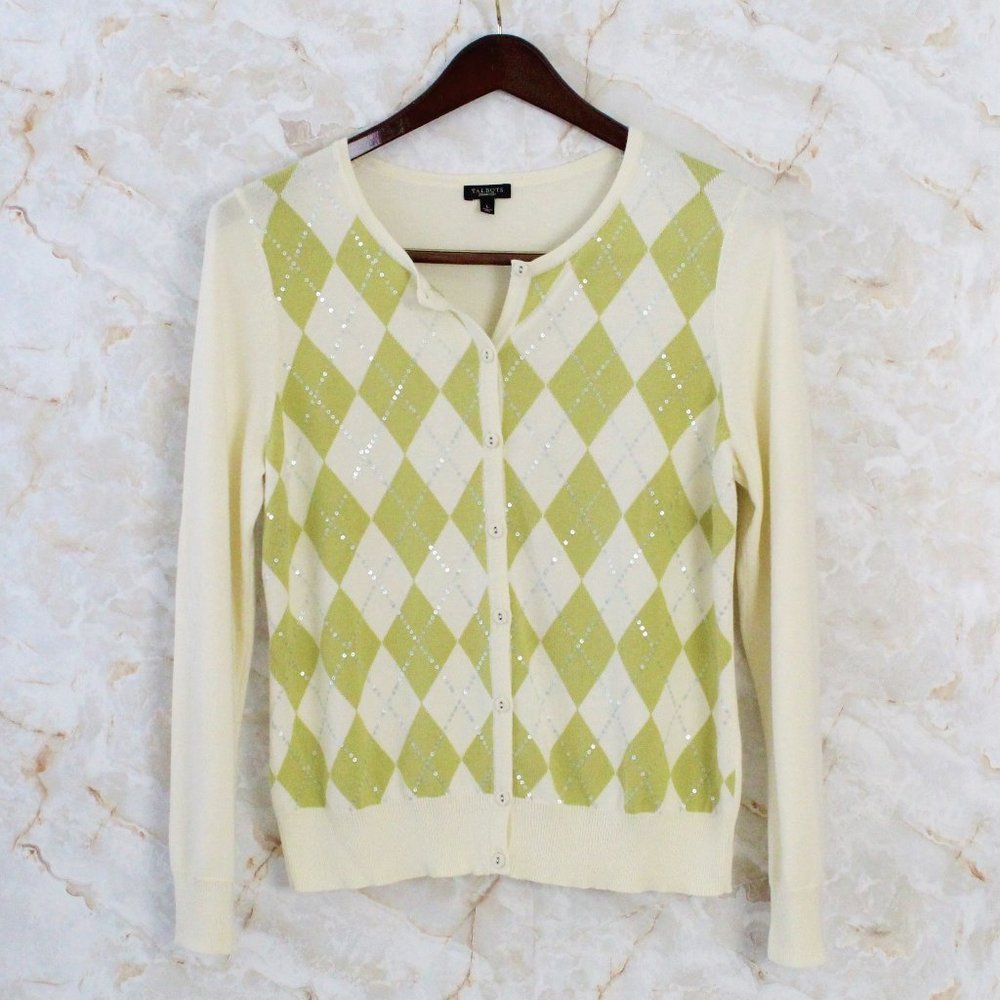 Talbots Argyle Sequin Cardigan Cotton Blend Large